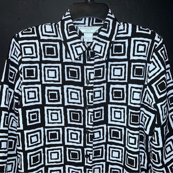 Vintage Allison Daley Blouse Shirt Top Button Up Black White Geometric Pads 8P - Picture 5 of 12
